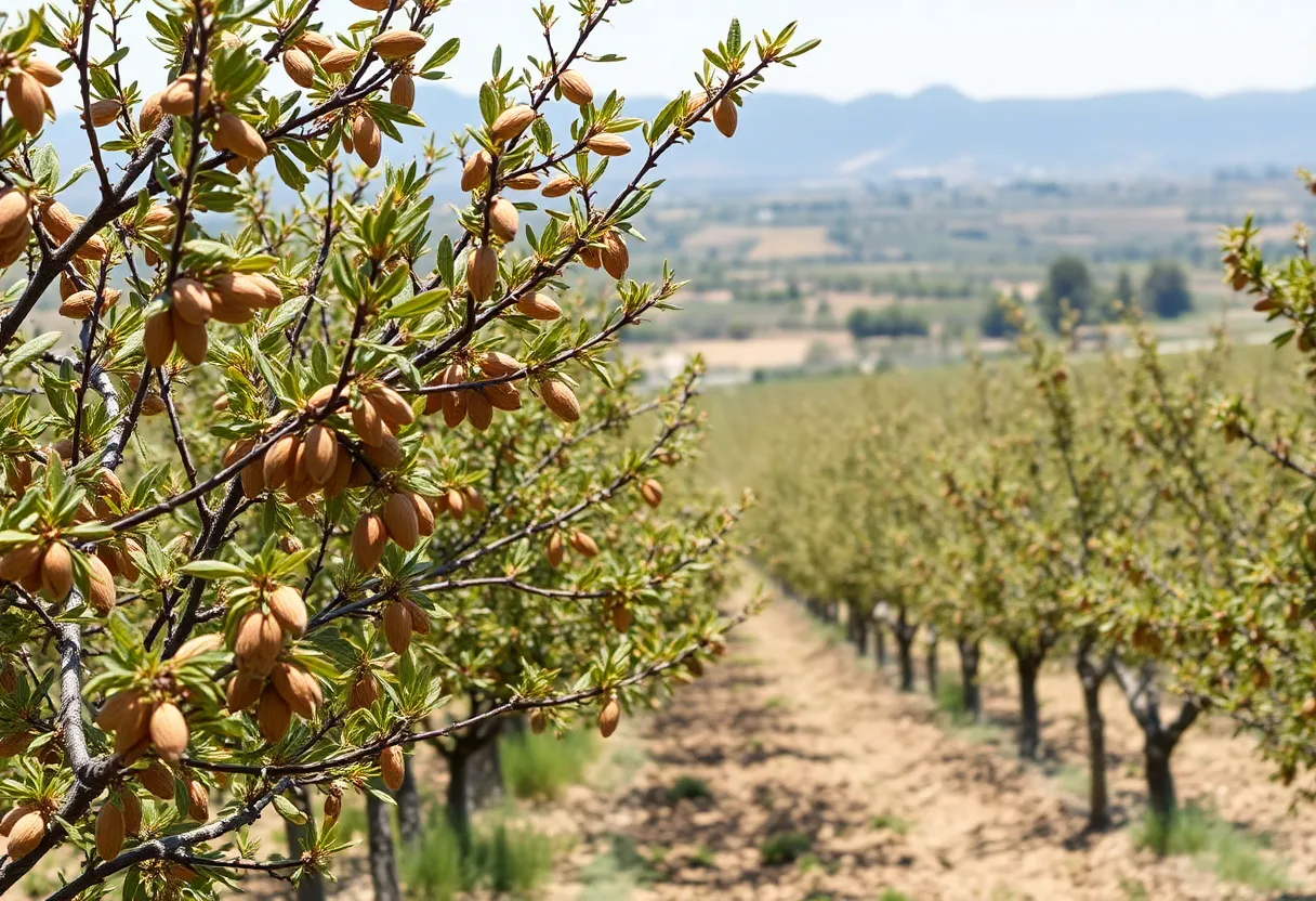 Vast almond orchards in California during harvest season