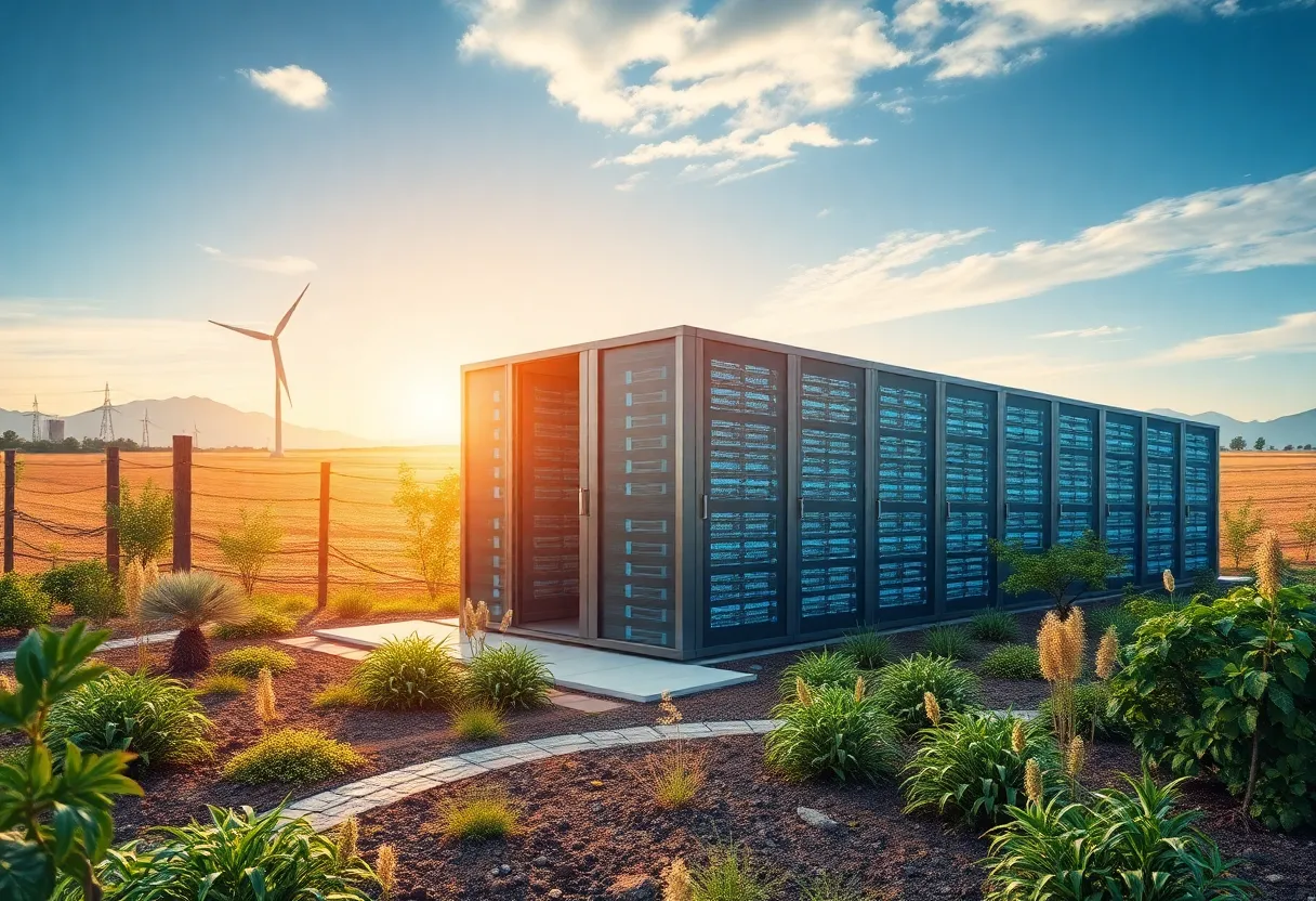 Overview of a California data center with drought and energy concerns depicted