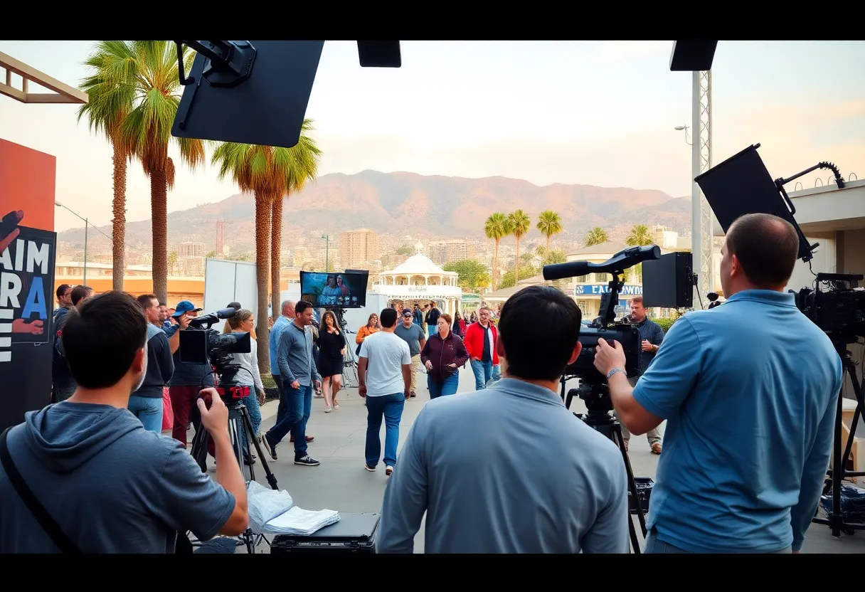 Film crew working on a television series on a California set.