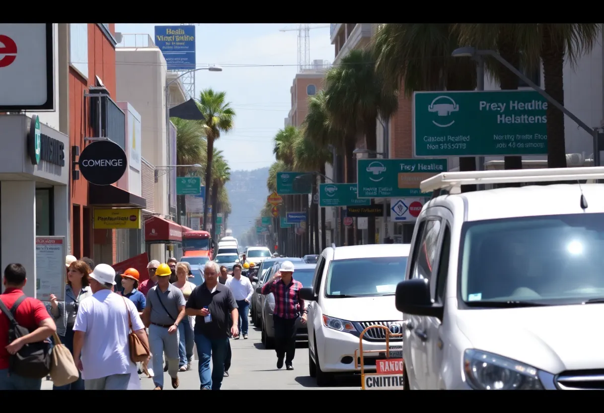 Street view of California symbolizing the job market with various businesses and activity.