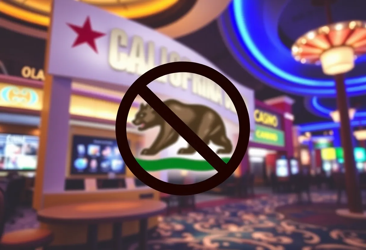 Representation of California's ban on online casinos with a casino and crossed-out symbol.