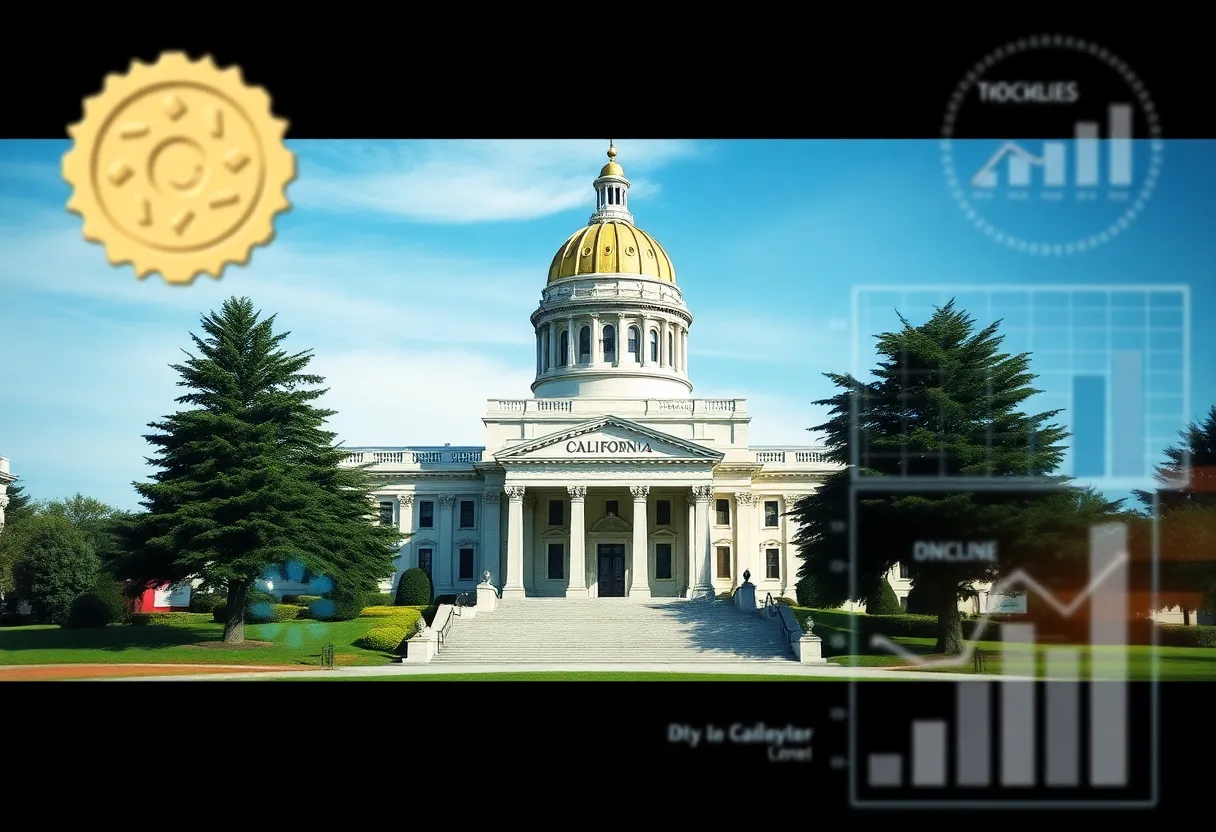 Illustration of California legislative building with digital tracking elements
