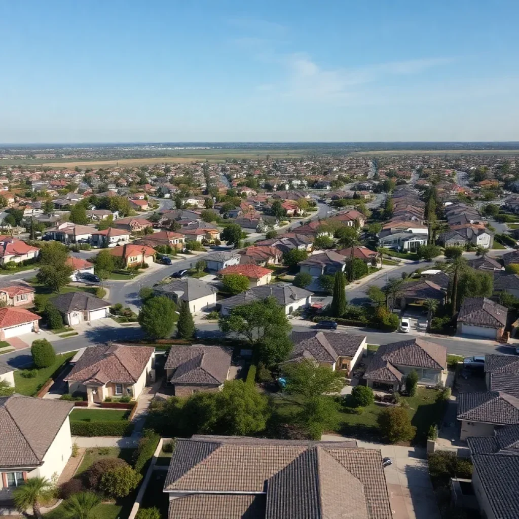Aerial view of a California suburb with a mix of residential homes.