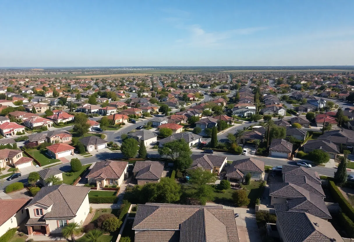 Aerial view of a California suburb with a mix of residential homes.