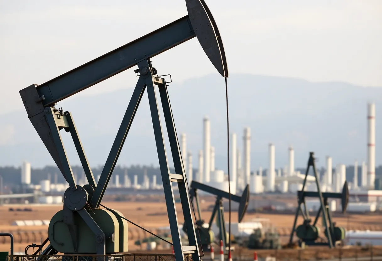 Oil wells in California with refineries in the background.