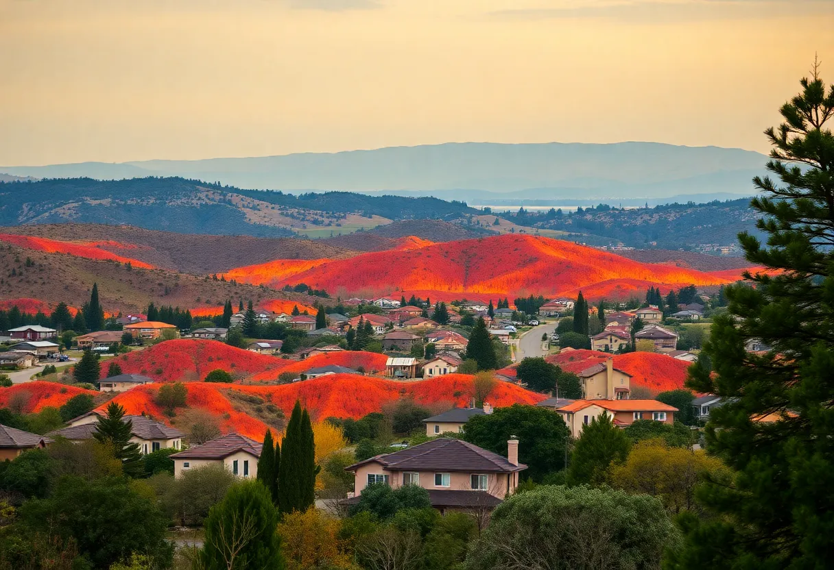 A visual representation of California's landscape showcasing homes near wildfire-risk areas.