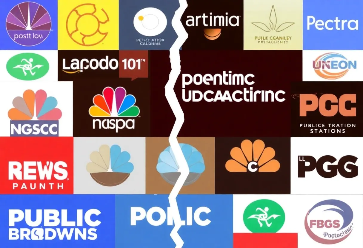 Logos of California public media organizations affected by funding cuts.