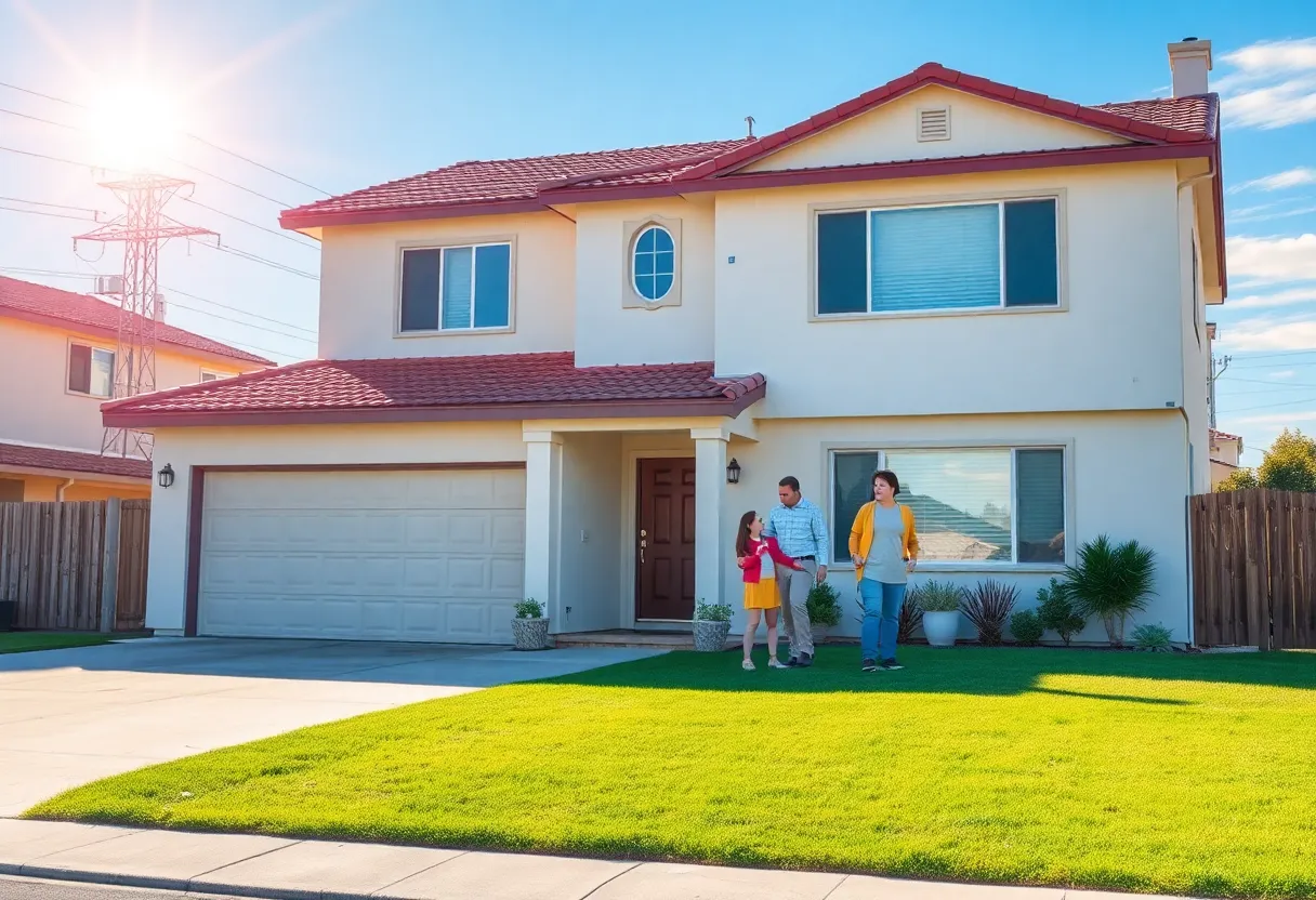 A family in front of their California home looking concerned about rising utility bills.