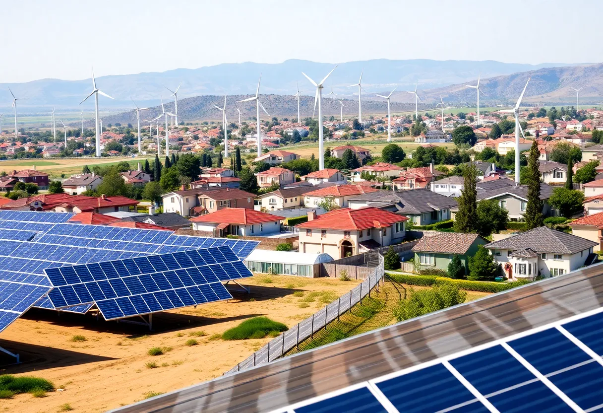 California landscape with solar panels and wind turbines