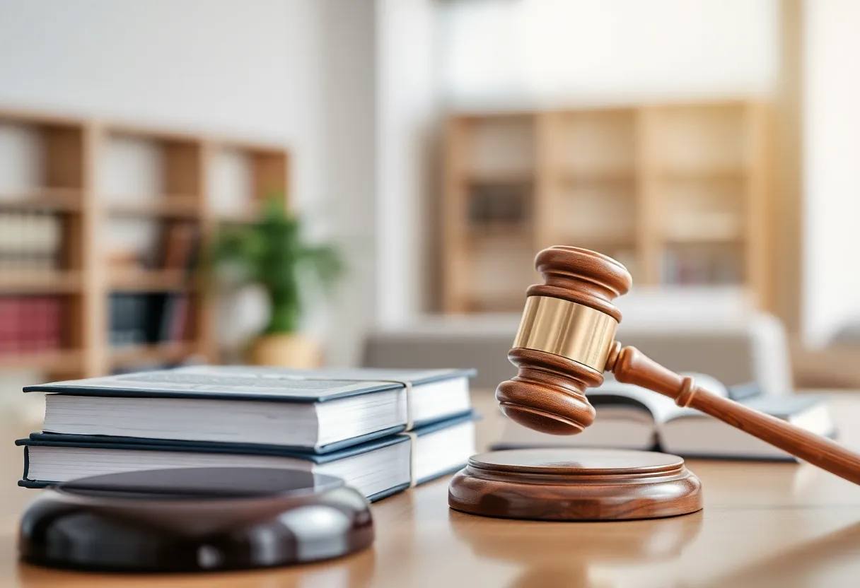 Office setting with law books and gavel representing legal reforms.