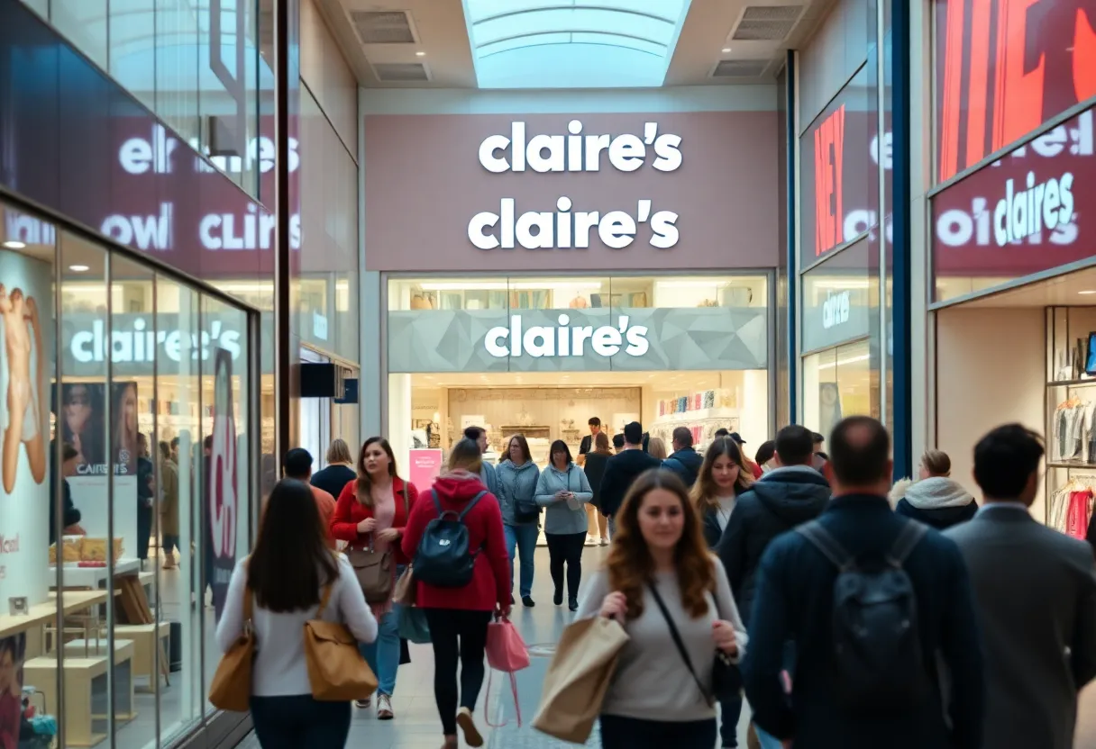 Stores in a shopping mall with a Claire's store showing a closing sign