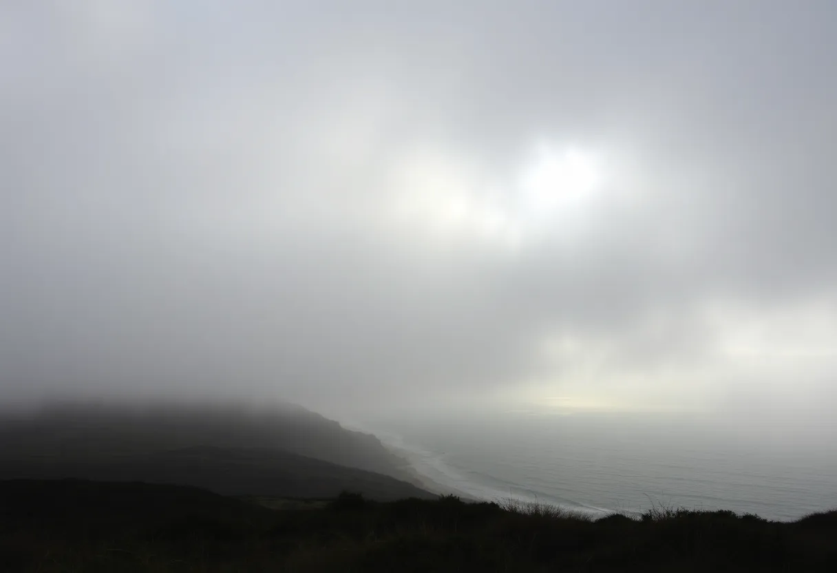 Foggy coastal landscape in California during cooler temperatures