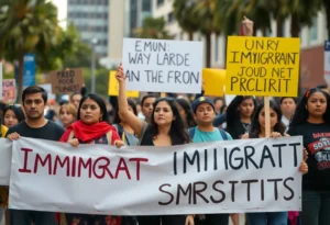 Diverse group protesting against ICE immigration raids in Los Angeles