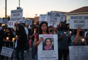 Community members gather for a candlelight vigil supporting search efforts for a missing woman.