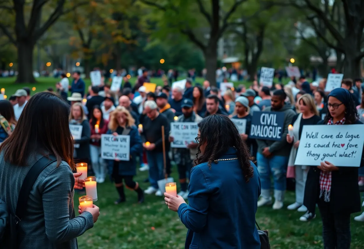 Vigil attendees holding candles and placards in a park.