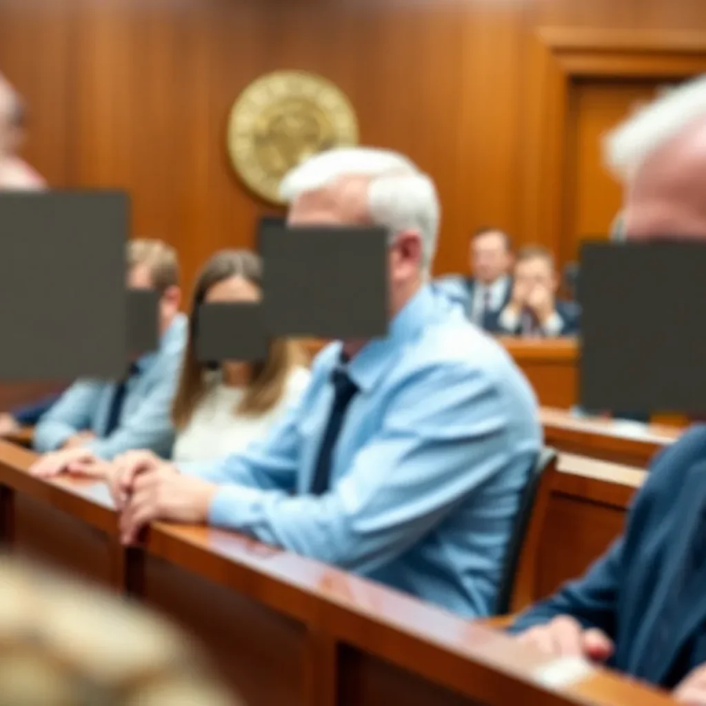 A scene depicting a courtroom involved in drug-related legal matters