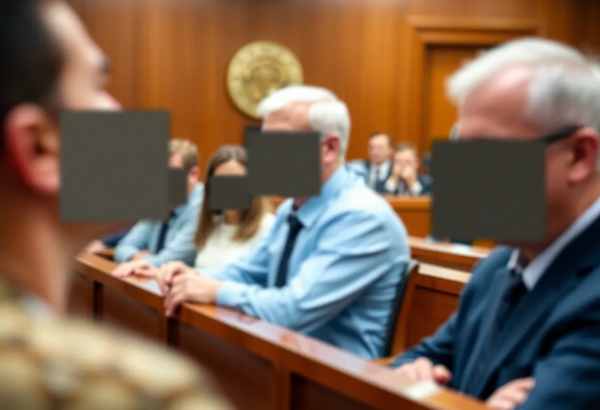 A scene depicting a courtroom involved in drug-related legal matters