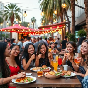 Outdoor dining scene in Los Angeles showcasing culinary events with people enjoying food.