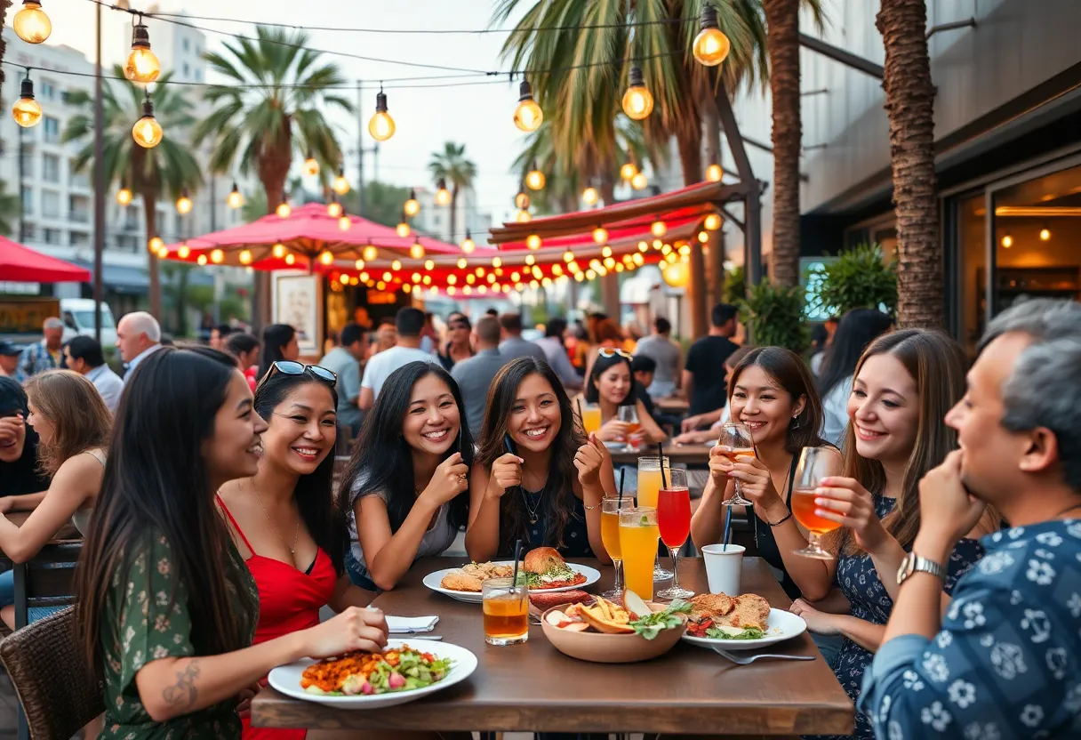 Outdoor dining scene in Los Angeles showcasing culinary events with people enjoying food.