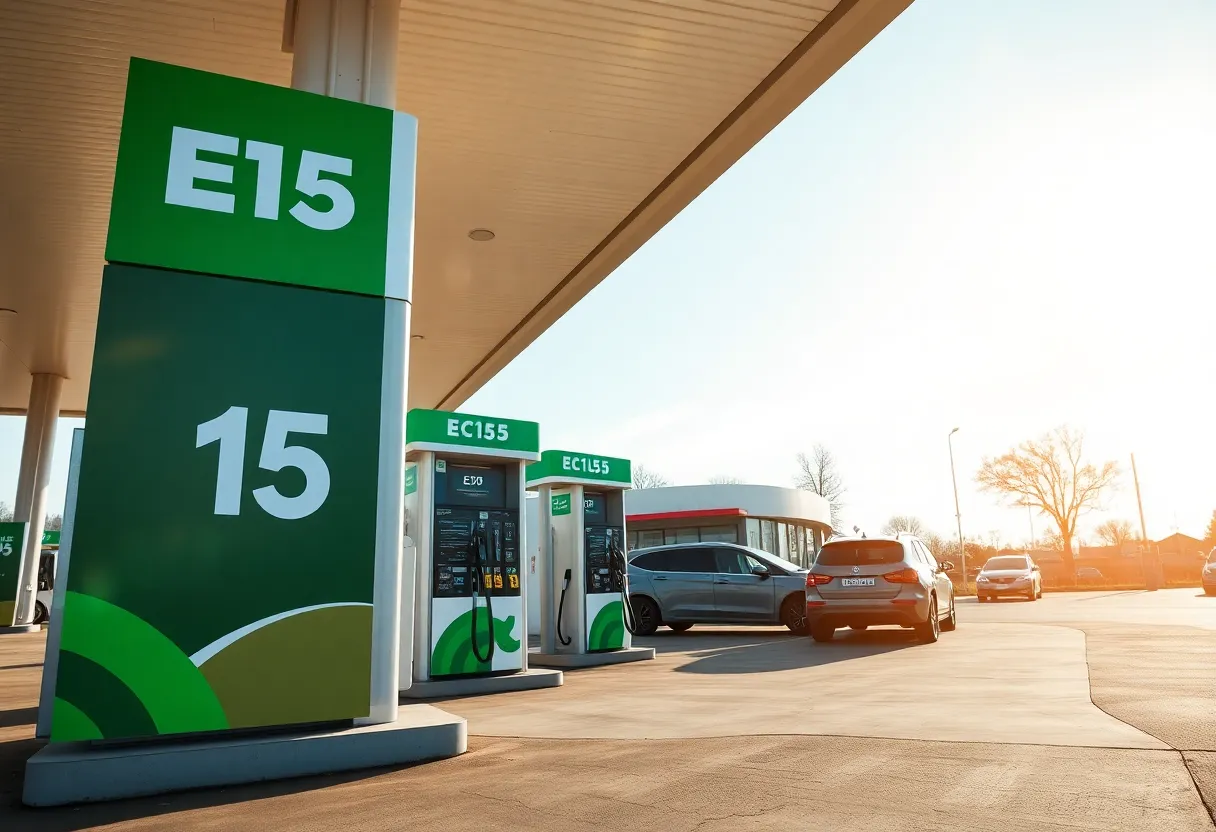 A gas station displaying E15 fuel signage with cars refueling.