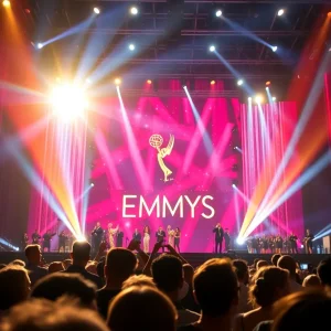 Emmy Awards 2025 stage with awards for 'The Pitt'