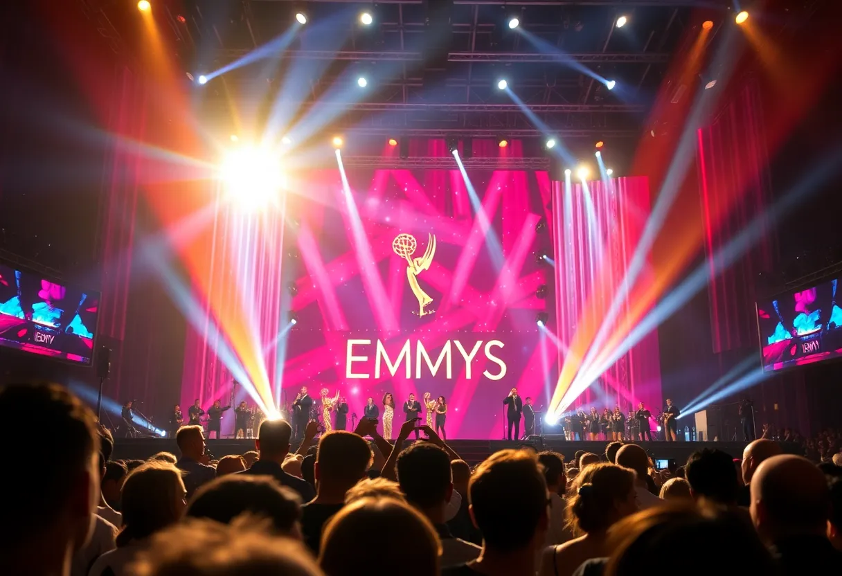 Emmy Awards 2025 stage with awards for 'The Pitt'