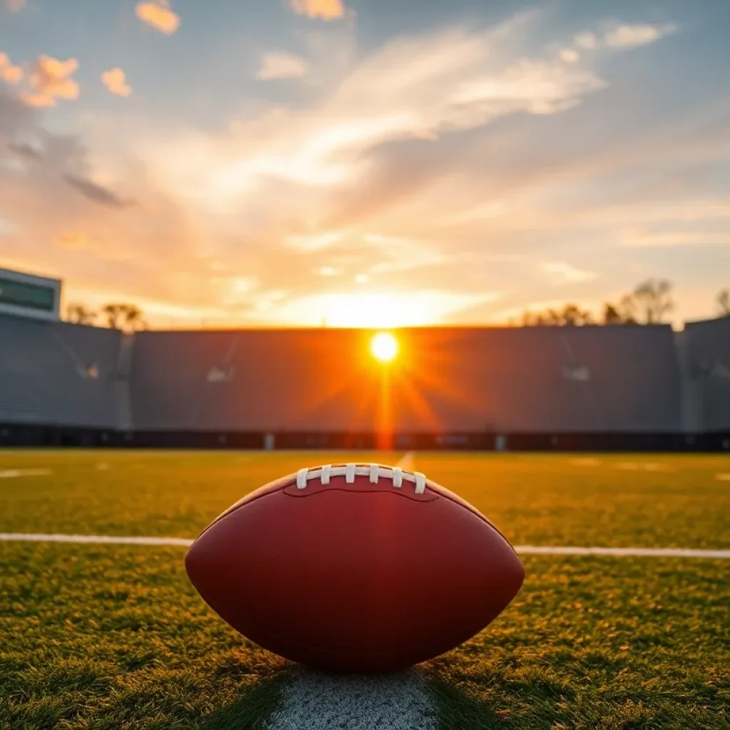 A deserted football field at sunset with a football in focus, representing the recent arrest of a UCLA player.