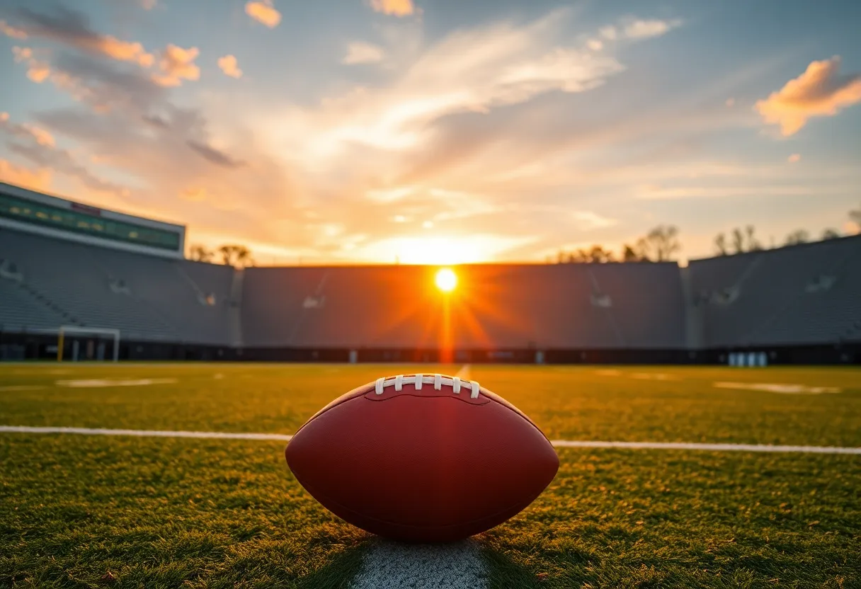 A deserted football field at sunset with a football in focus, representing the recent arrest of a UCLA player.