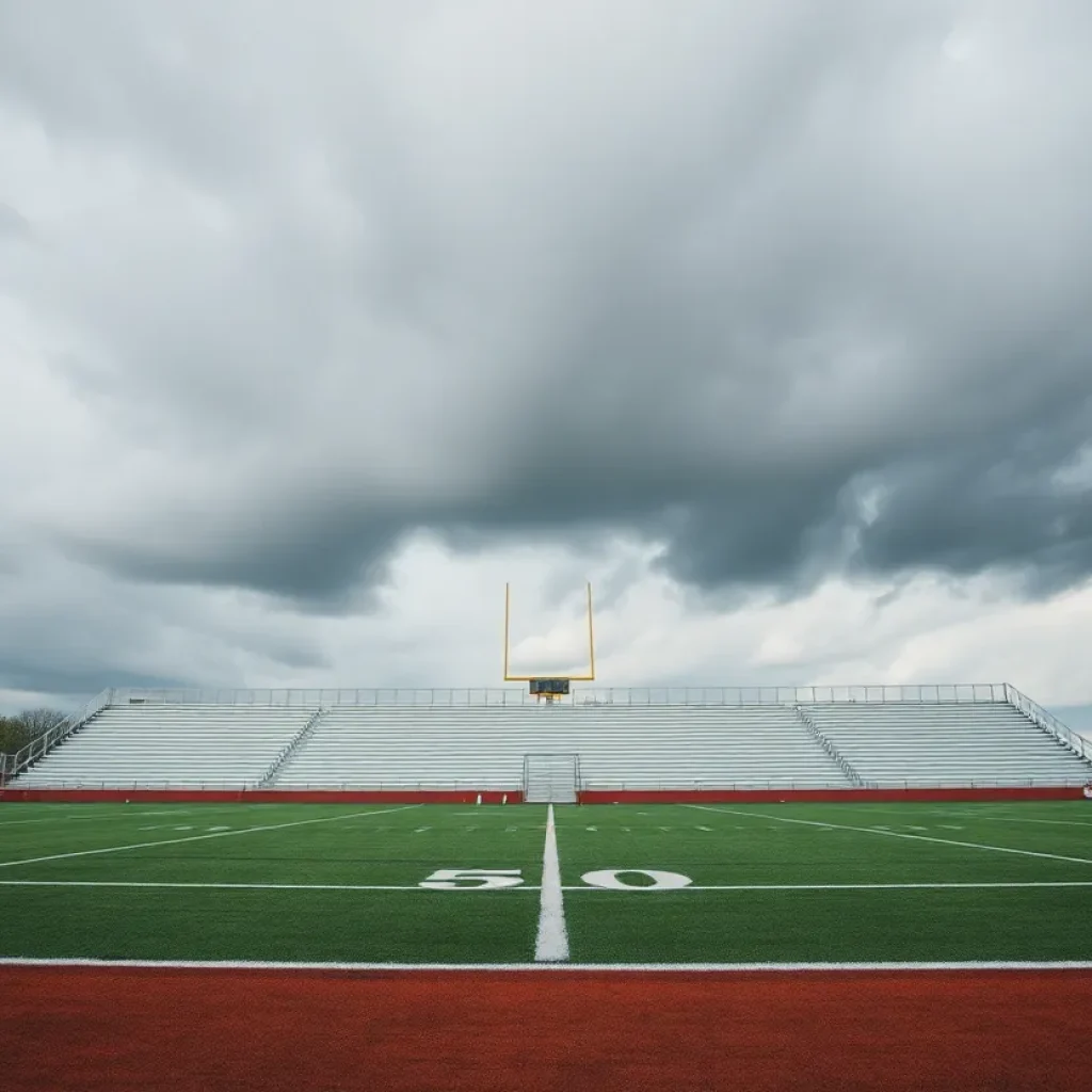 An empty football field under cloudy skies symbolizing uncertainty.