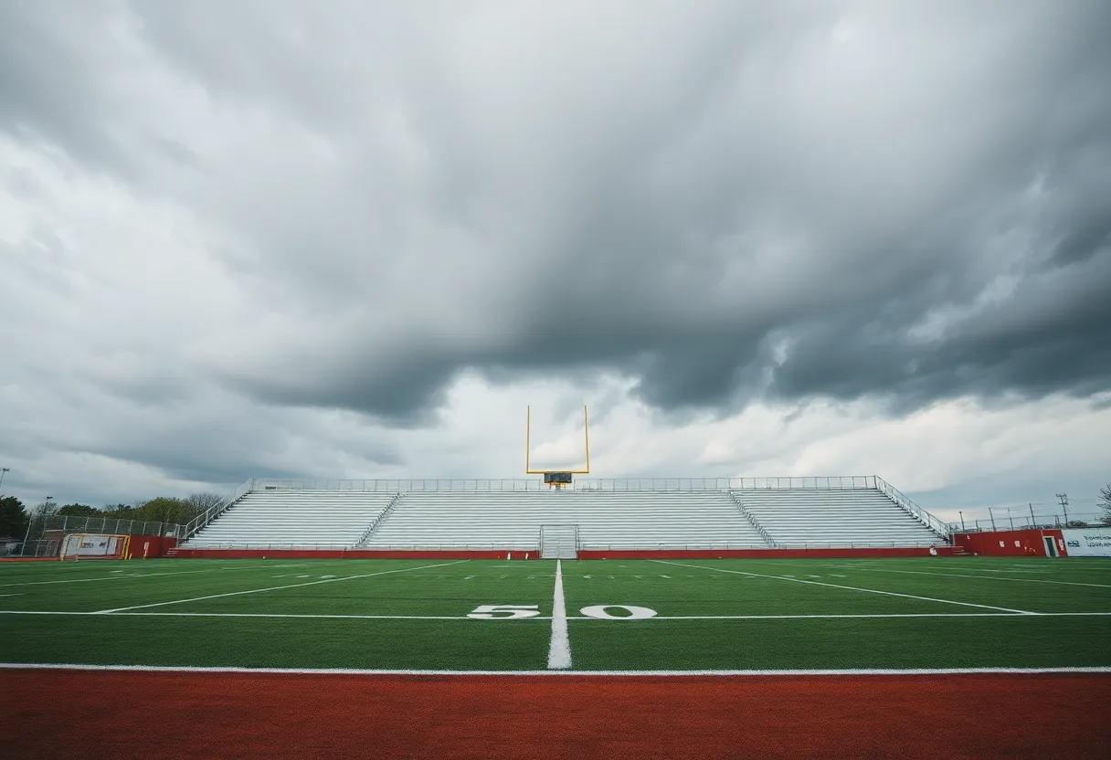 An empty football field under cloudy skies symbolizing uncertainty.