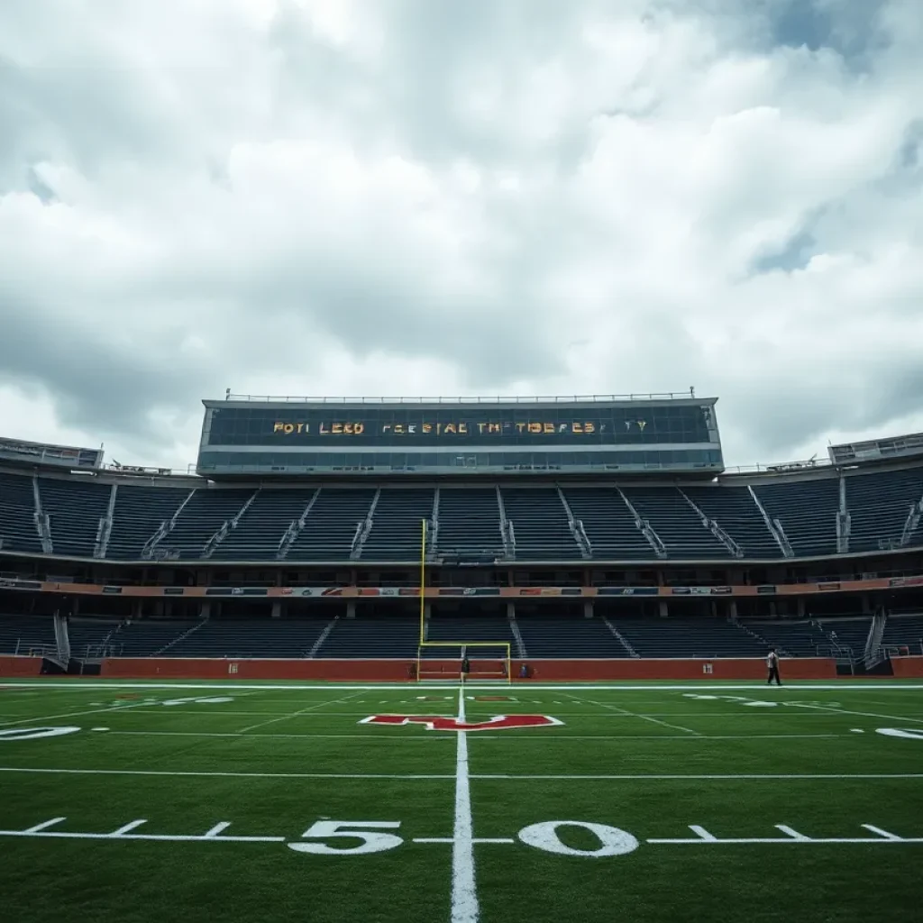 Empty college football stadium amid clouds