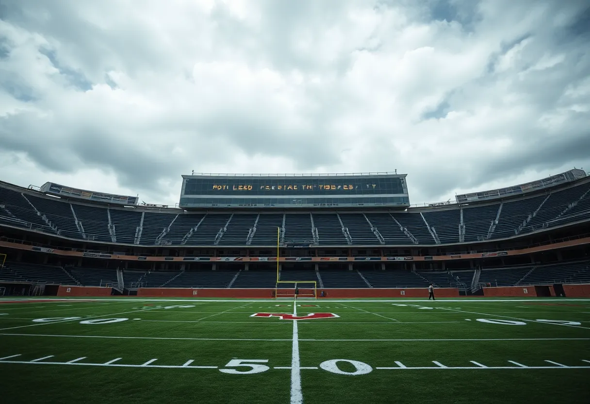 Empty college football stadium amid clouds