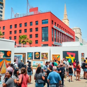 Crowds attending an art exhibition in Los Angeles featuring contemporary artworks.