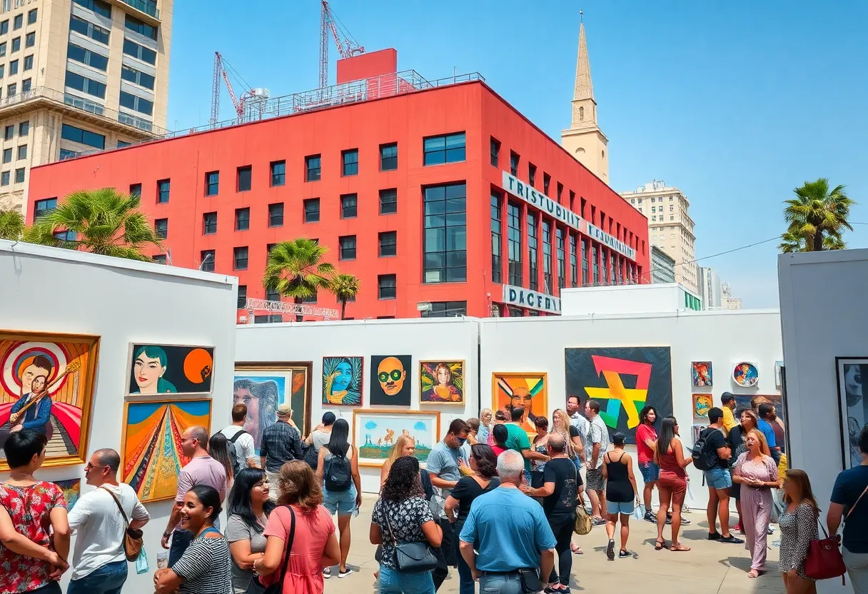 Crowds attending an art exhibition in Los Angeles featuring contemporary artworks.