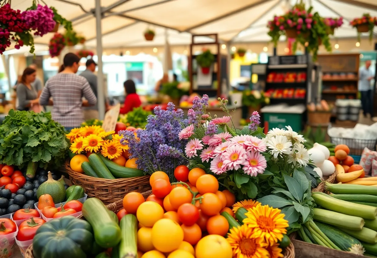 A colorful farmer's market filled with fresh fruits, vegetables, and flowers.