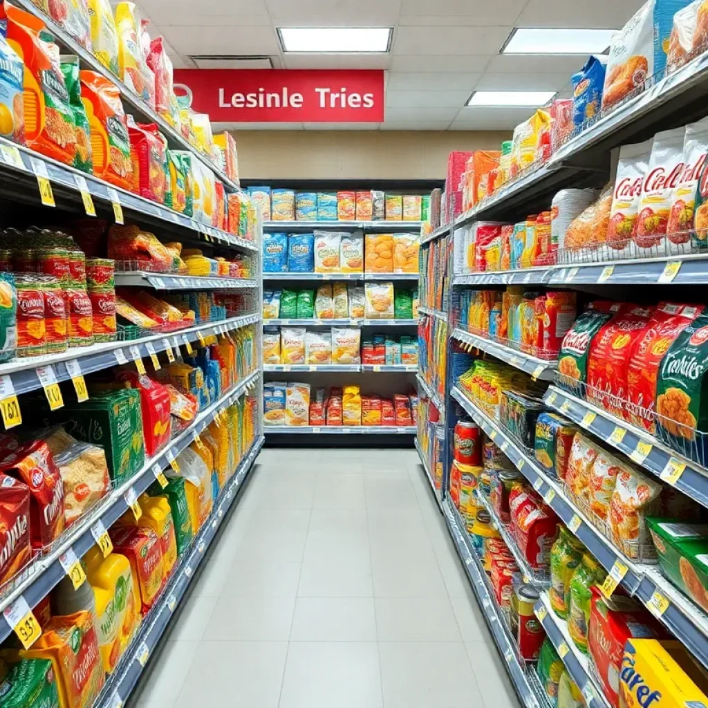 An aisle in a grocery store with price tags showing increases.