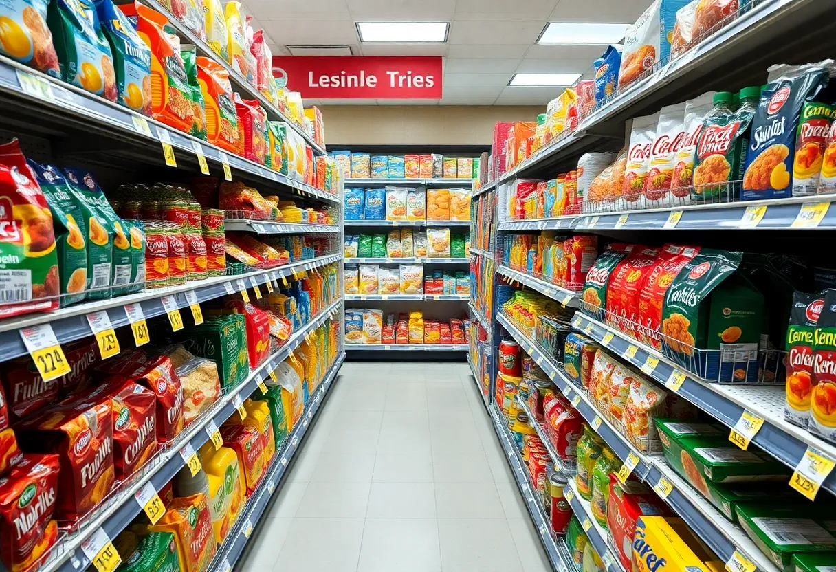 An aisle in a grocery store with price tags showing increases.