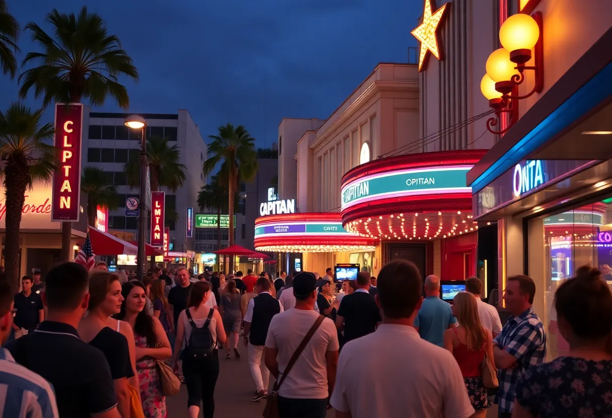 Nighttime view of Hollywood Boulevard with El Capitan theater and street performers