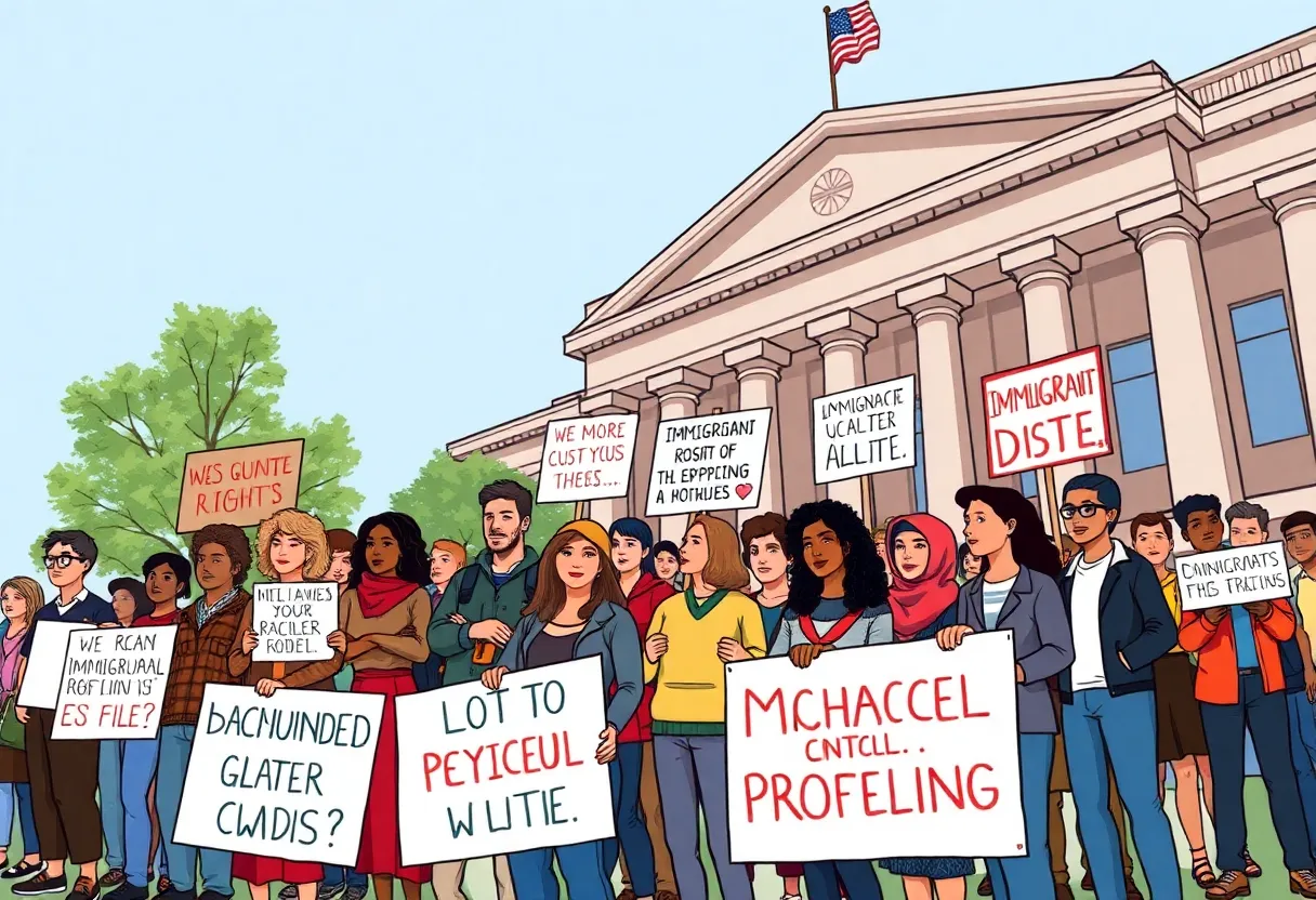 A diverse group of individuals holding signs for immigrant rights.
