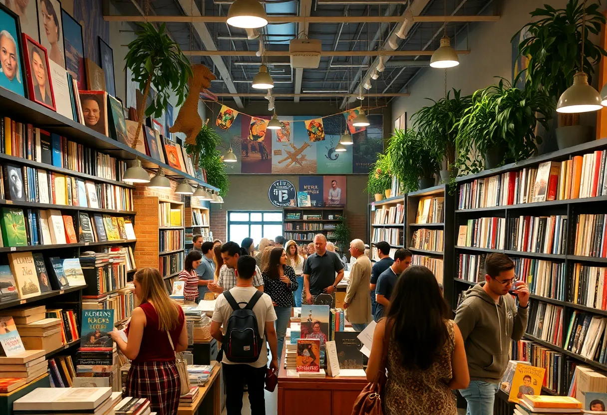 A collage of independent bookstores in Los Angeles with people exploring literature.