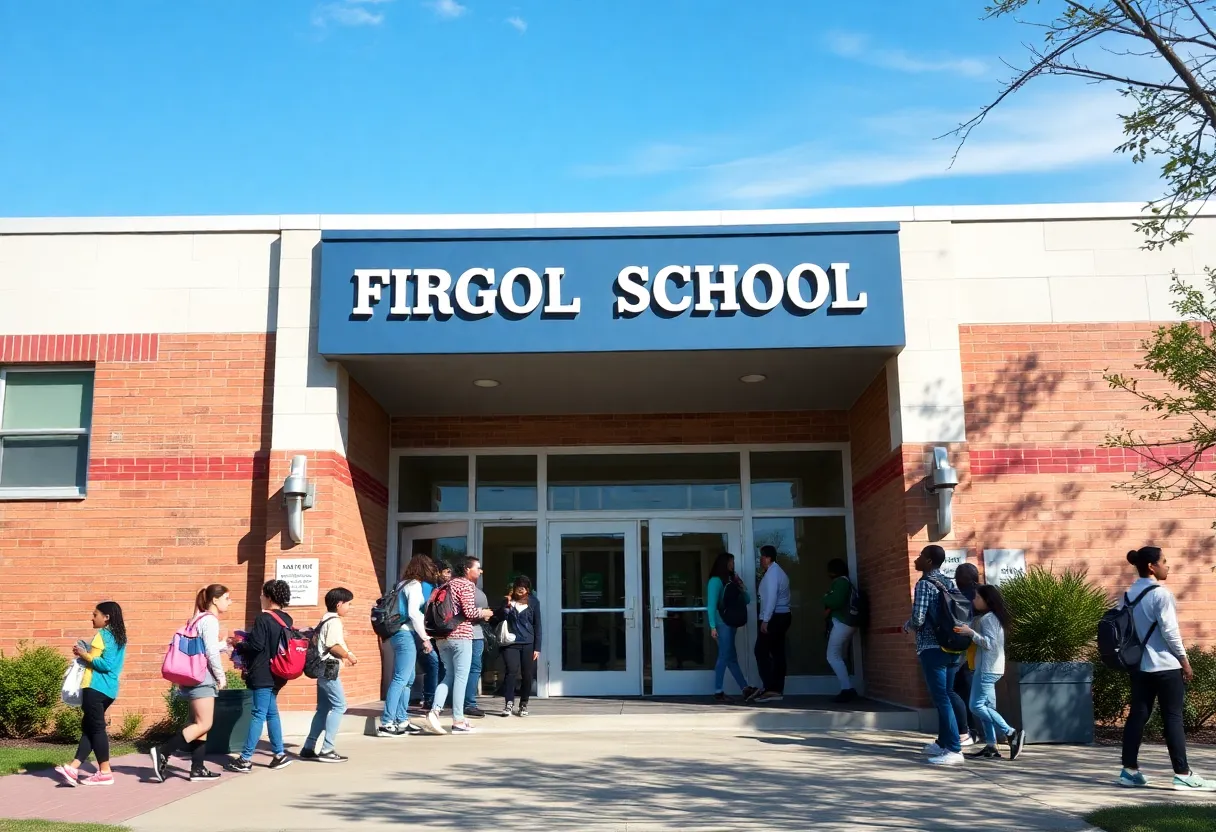 Exterior view of James C. Enochs High School with students
