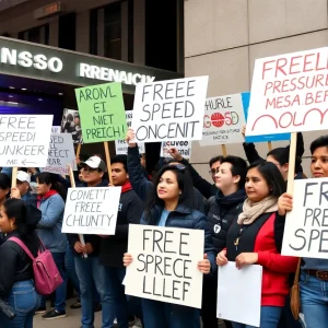 Protesters outside ABC protesting the suspension of Jimmy Kimmel Live