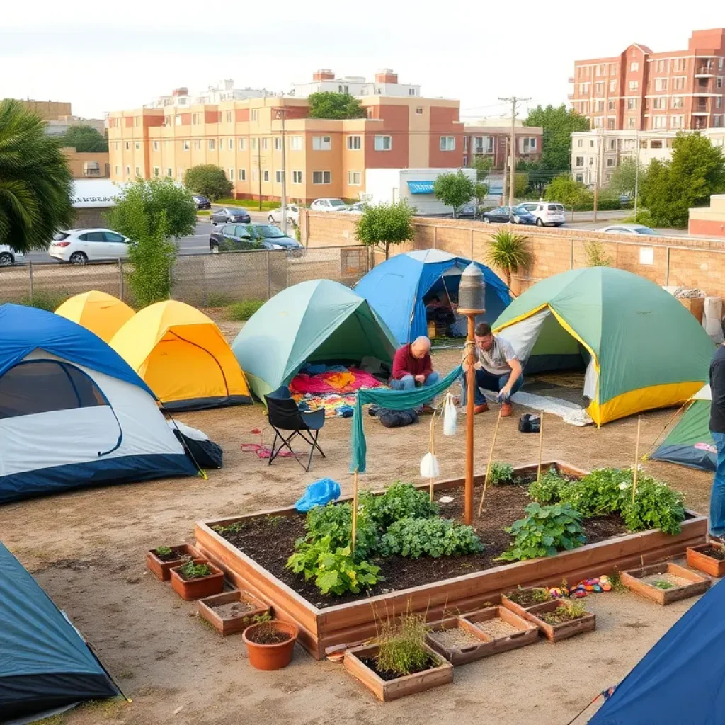 Community encampment in Koreatown with tents, garden, and urban surroundings.