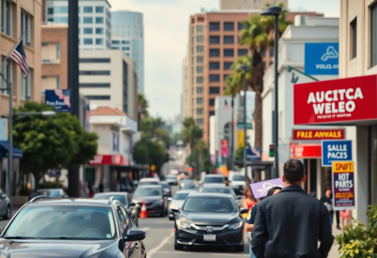 Urban landscape of Los Angeles with community engagement elements.