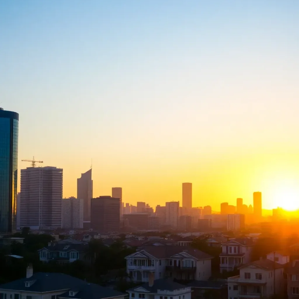 A sunset view of the Los Angeles skyline displaying a mix of residential and commercial properties.