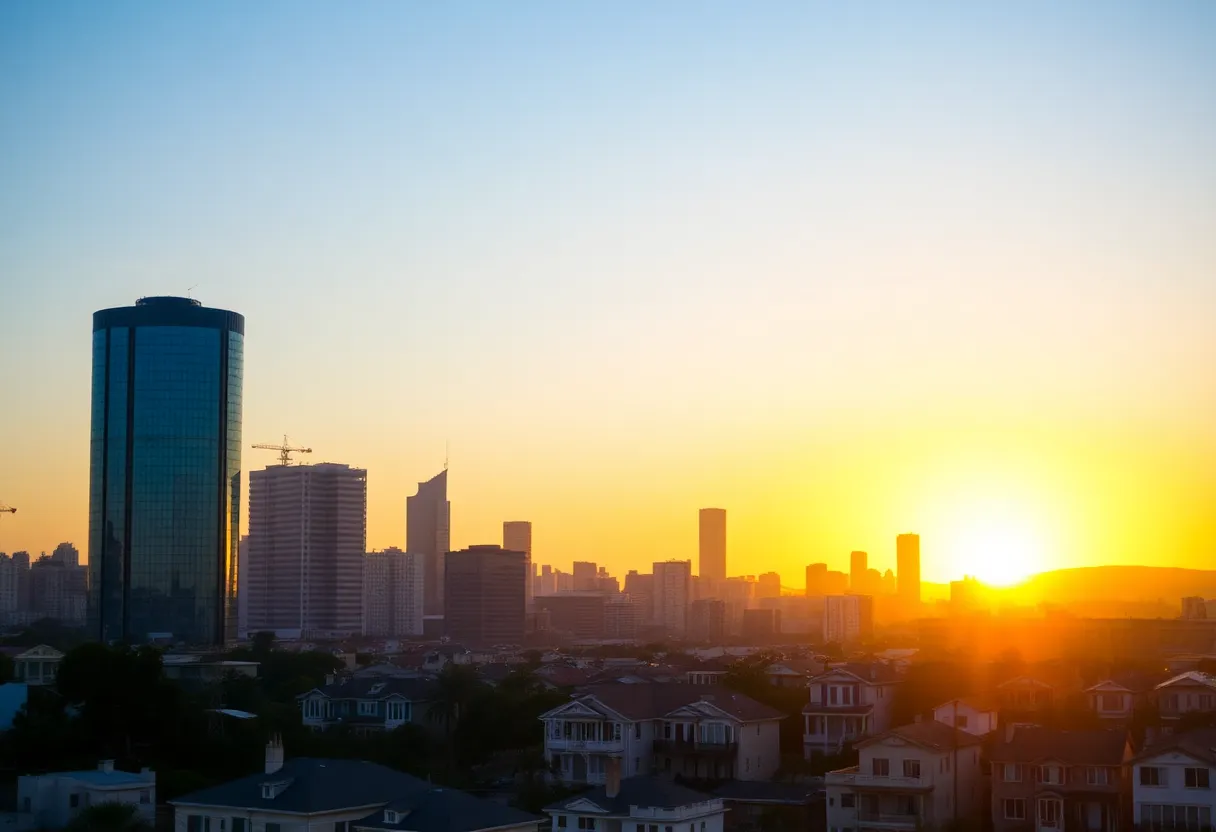 A sunset view of the Los Angeles skyline displaying a mix of residential and commercial properties.