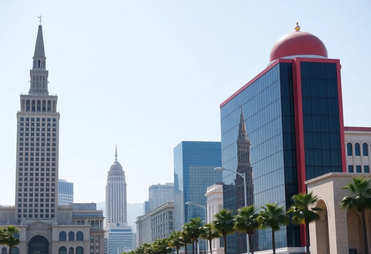 Artistic depiction of Los Angeles landmarks highlighting women's contributions
