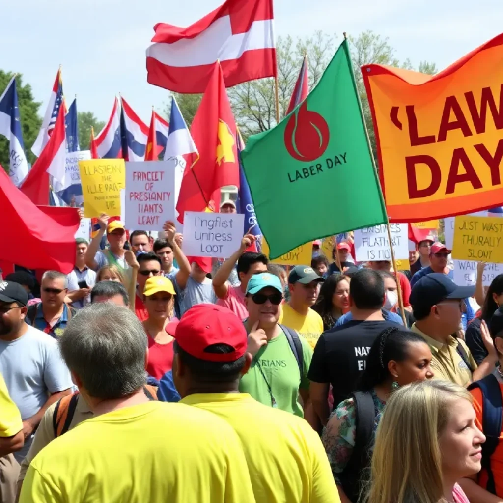 Labor Day rally in Los Angeles with diverse union members and banners.