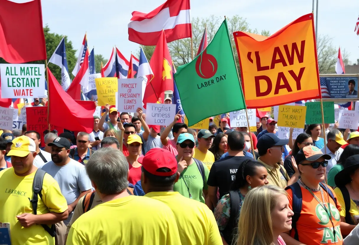 Labor Day rally in Los Angeles with diverse union members and banners.