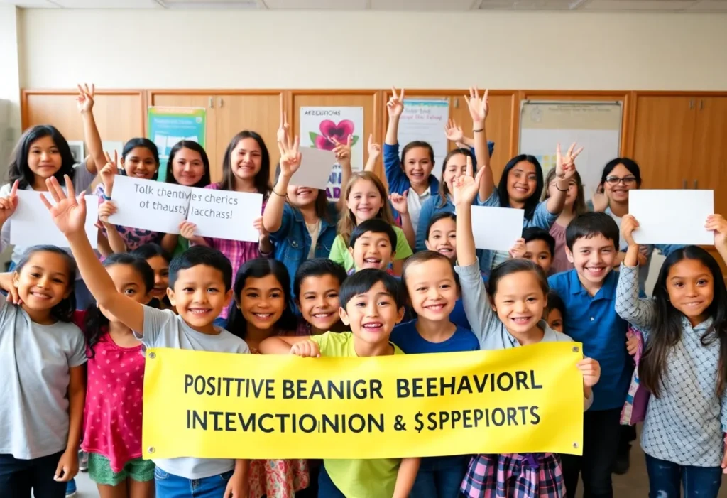 Students and teachers celebrating Positive Behavioral Supports in a school